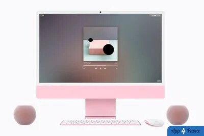 iMac rose accompagné de deux enceintes HomePod mini