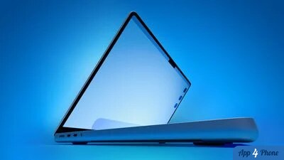 Ordinateur portable ouvert vu de profil sur fond bleu