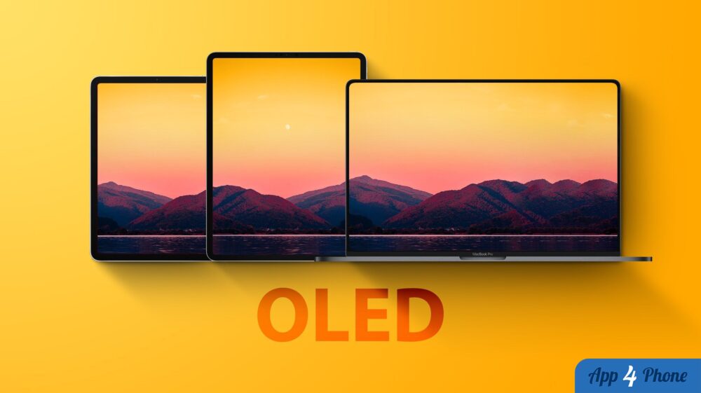 Trois appareils affichant des écrans OLED devant un paysage