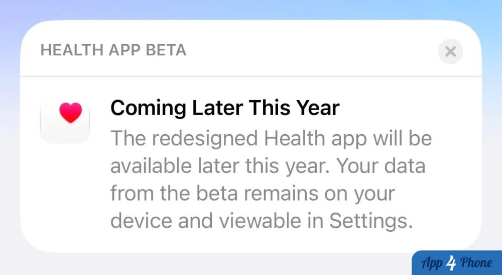 Message annonçant l’arrivée ultérieure de l’application Santé repensée