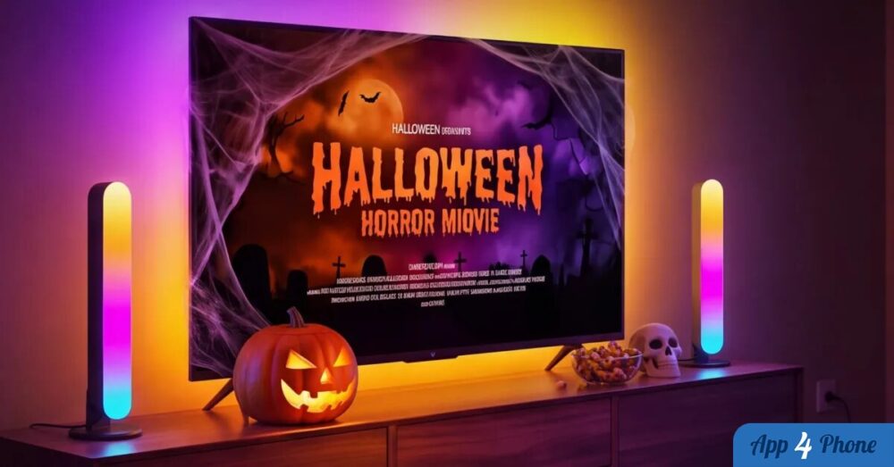 Deux barres lumineuses RGBIC encadrent un téléviseur diffusant un film Halloween