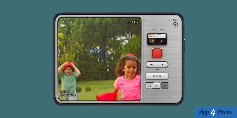 Interface Flipcorder simulant une caméra VHS sur iPhone Duo