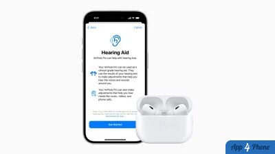 AirPods Pro et écran iPhone présentant la fonction Hearing Aid