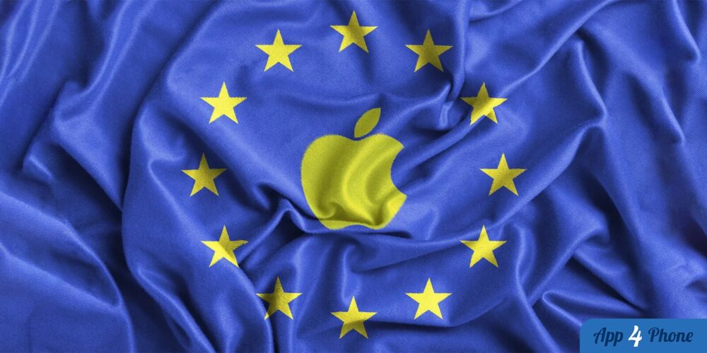 Logo Apple jaune sur un drapeau européen bleu froissé