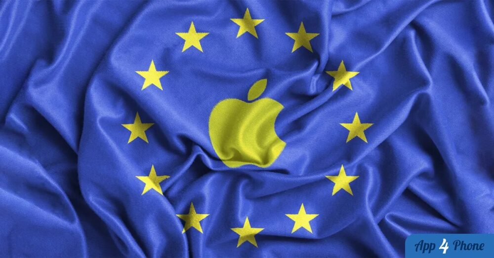 Logo Apple jaune sur un drapeau européen bleu froissé