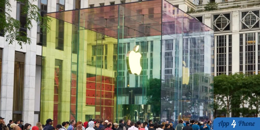 Façade vitrée de l’Apple Store Fifth Avenue et foule