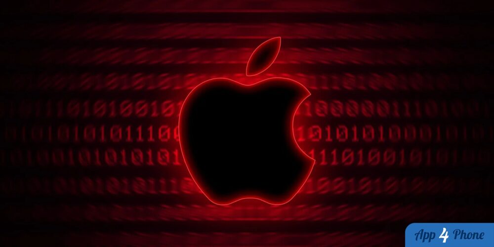 Logo Apple lumineux entouré de données binaires rouges
