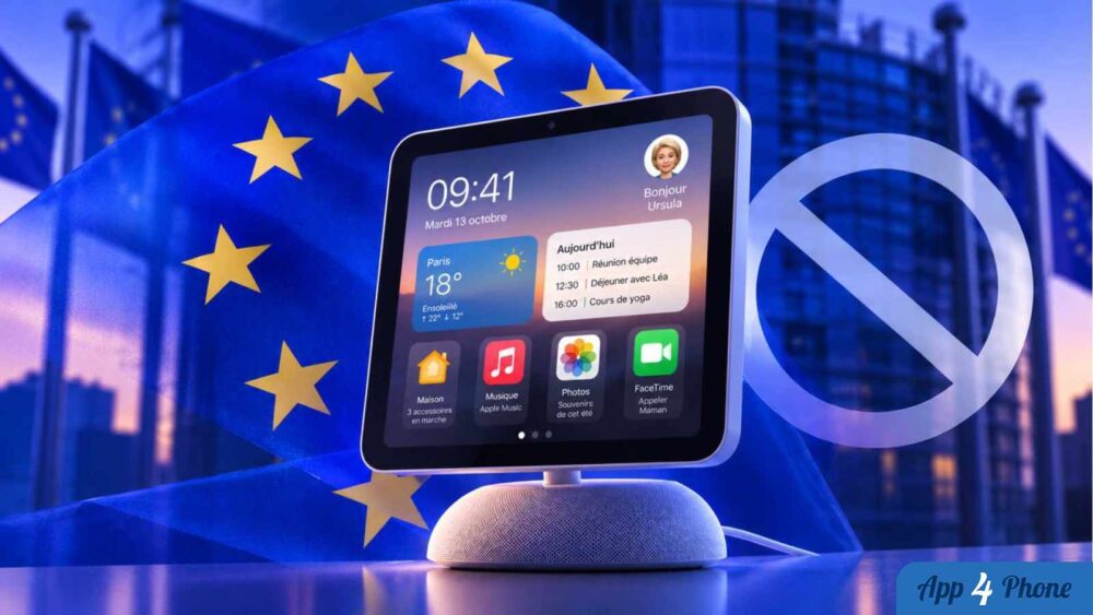Concept d’écran Home Hub Apple devant un drapeau européen