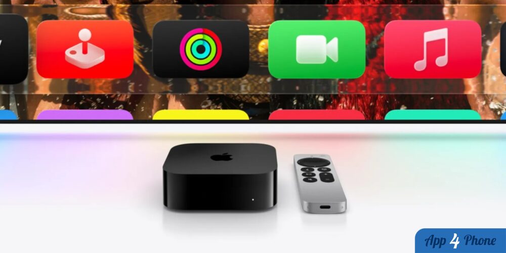 Boîtier Apple TV 4K et télécommande posés devant des applications