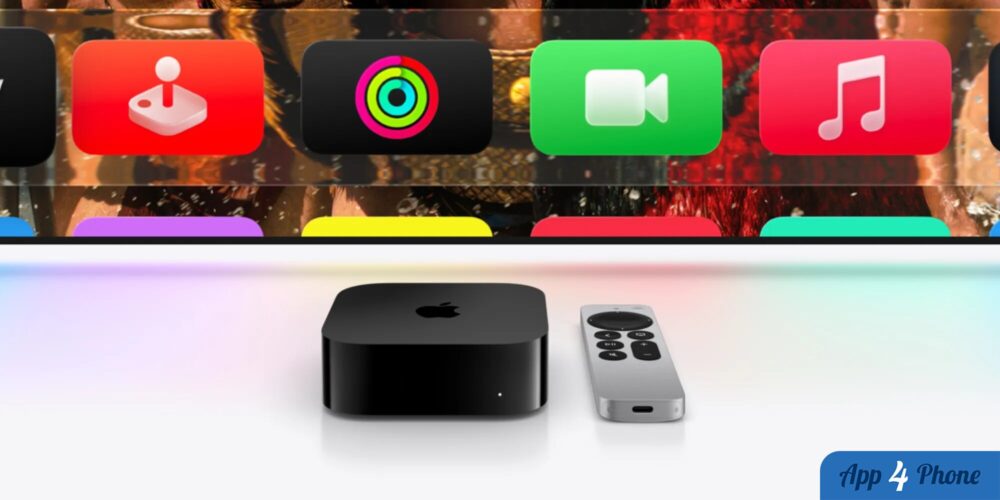 Apple TV 4K noire et télécommande devant l’écran d’accueil