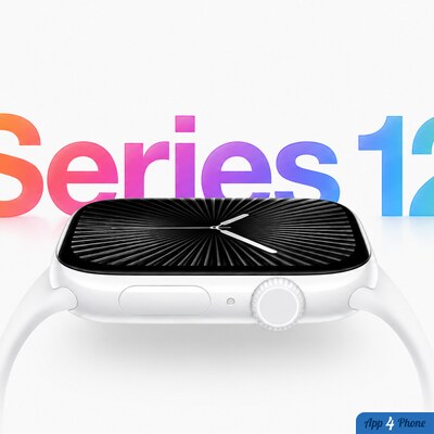 Apple Watch blanche avec cadran noir et mention Series 12