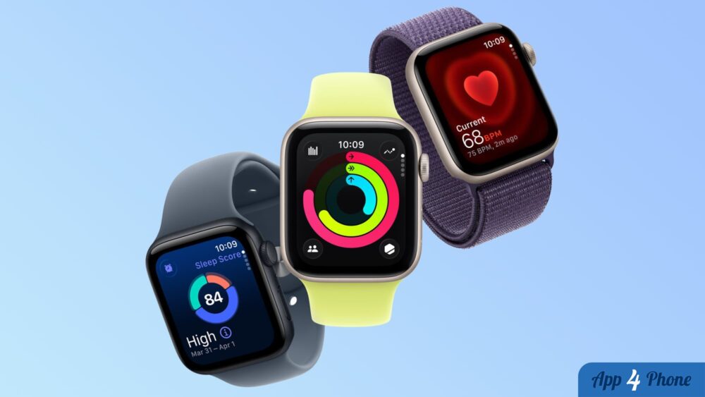 Trois Apple Watch affichant différentes interfaces sur fond bleu