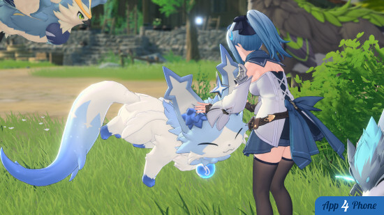 Personnage d’Azur Promilia interagissant avec une créature blanche