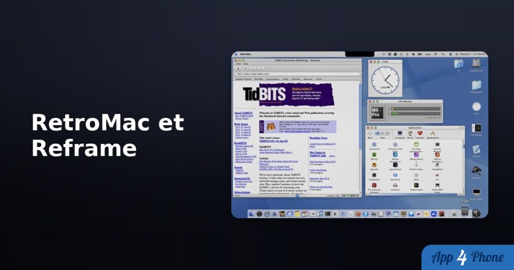 Bureau Mac rétro avec navigateur Reframe affichant un site web ancien