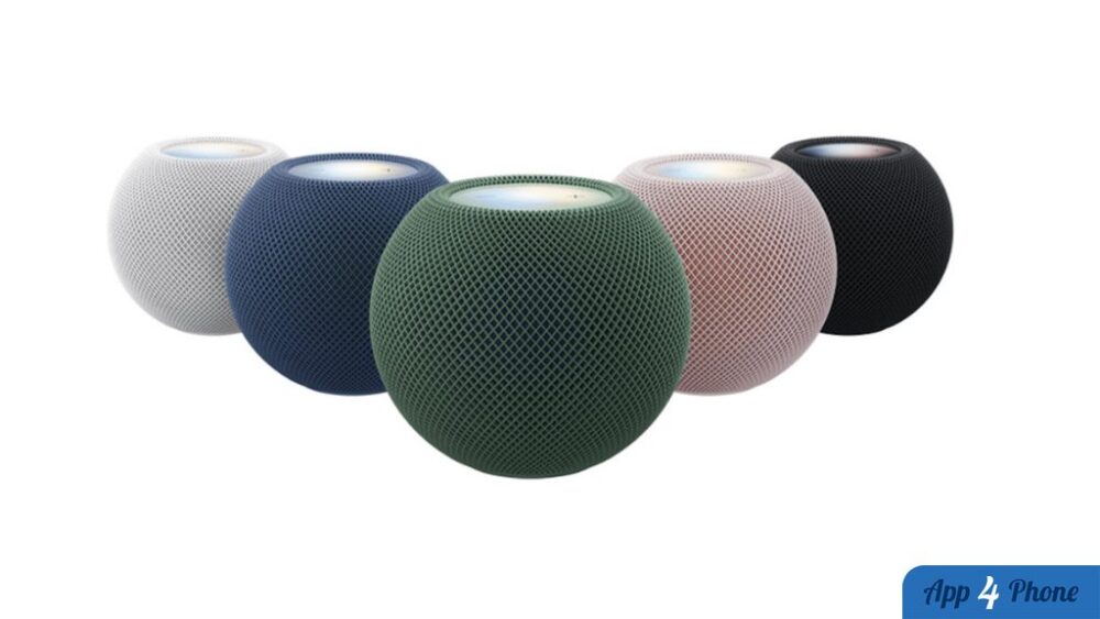 Cinq HomePod mini présentés dans différentes couleurs