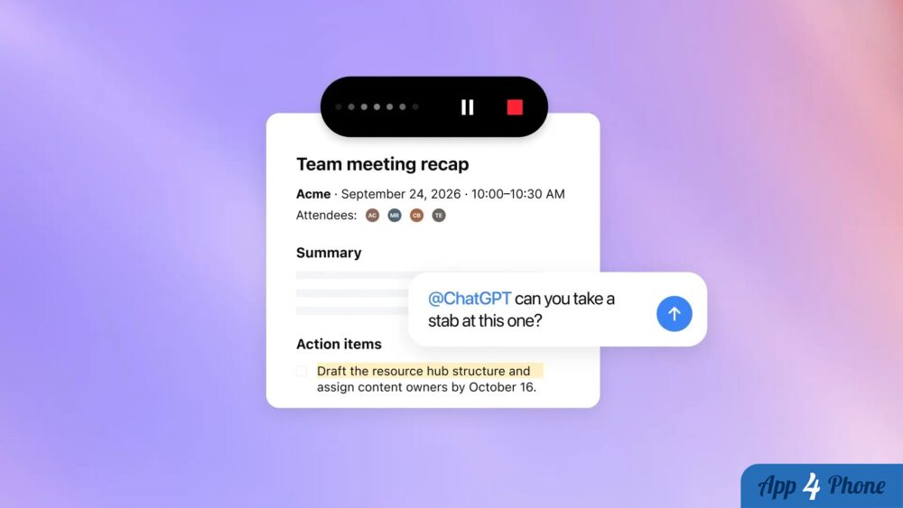 Interface de compte rendu de réunion avec résumé et actions à suivre