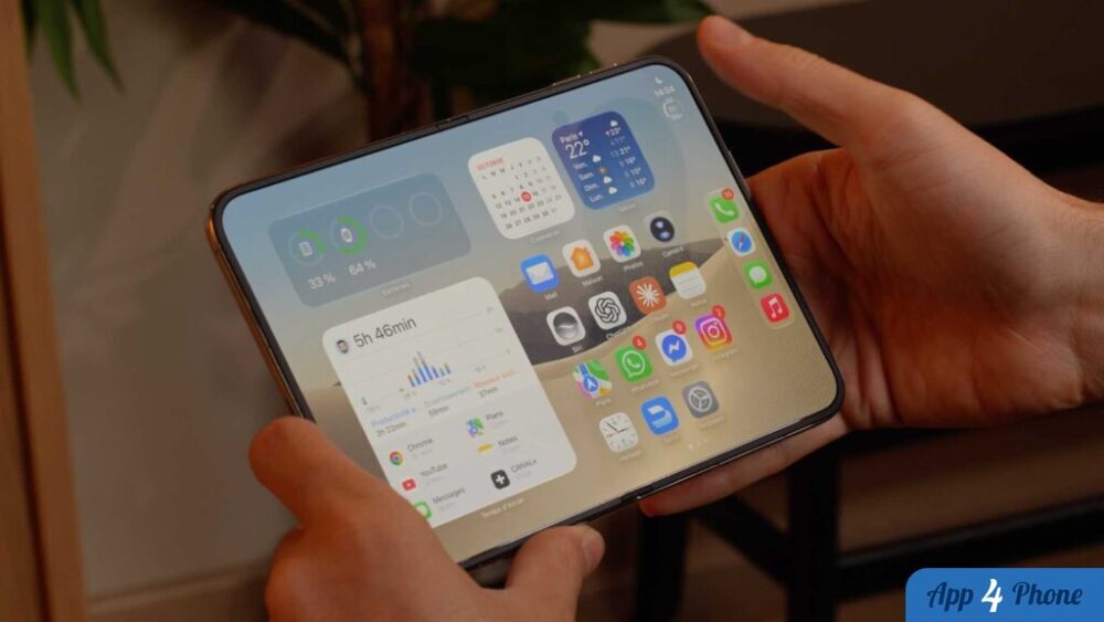 iPhone Duo déplié tenu à deux mains, écran intact