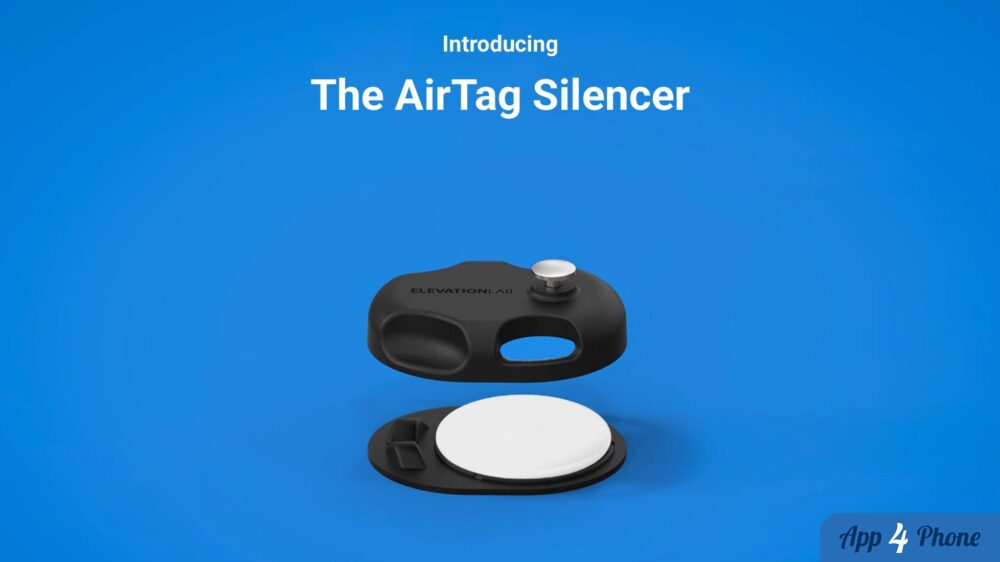 Boîtier Elevation Lab Silencer démonté autour d’un AirTag