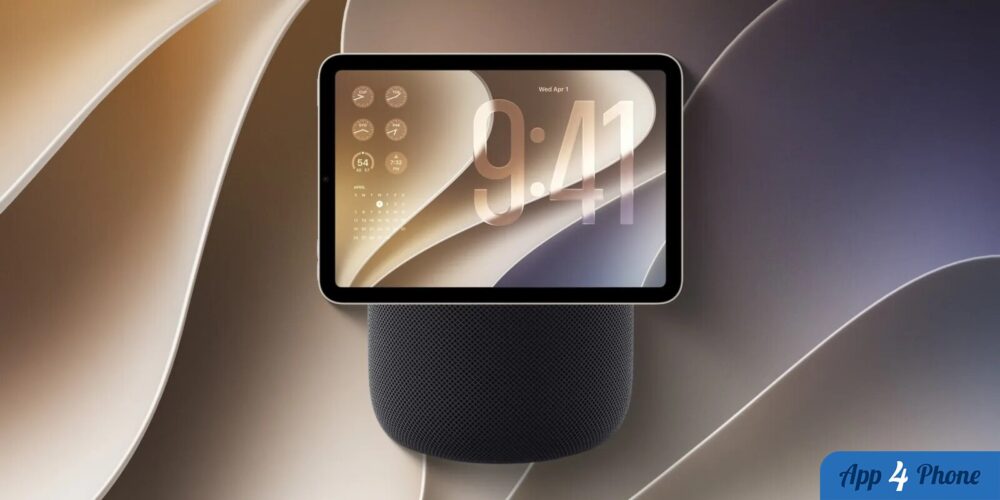 Vue rapprochée du HomePad Apple avec écran et haut-parleur