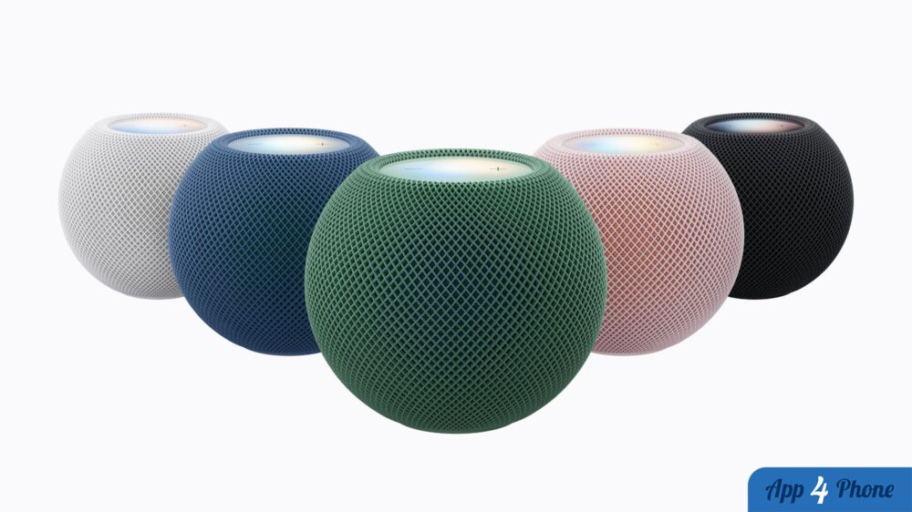Cinq enceintes HomePod mini colorées aux surfaces tissées