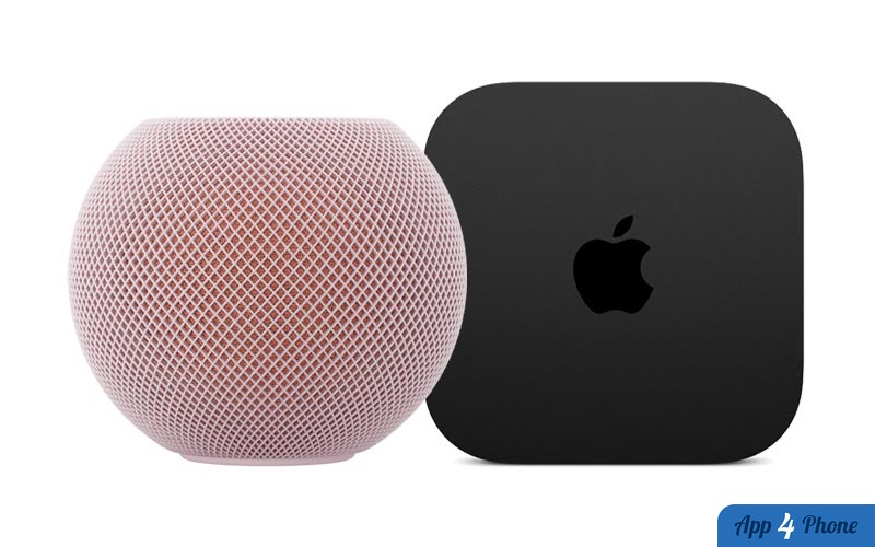 HomePod mini rose et Apple TV 4K noire côte à côte