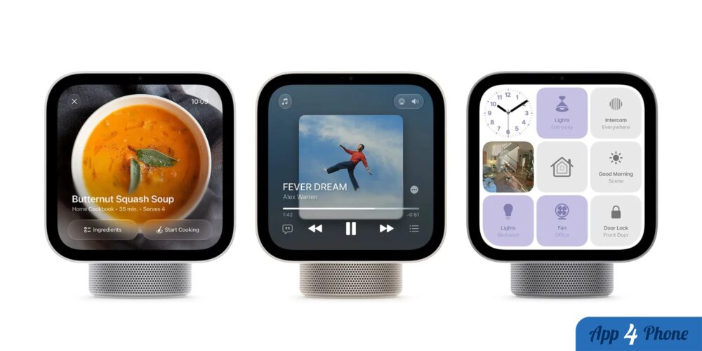Trois écrans Apple HomeView affichant recettes, musique et commandes domotiques