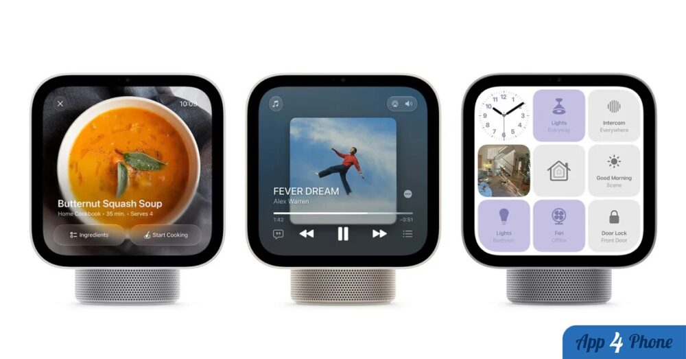 Trois écrans Apple HomeView affichant recettes, musique et commandes domotiques
