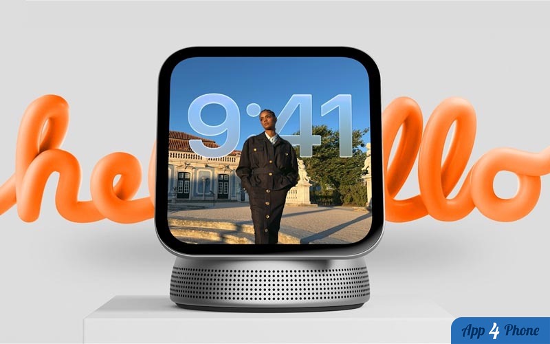 Rendu conceptuel du hub domotique Apple HomeView avec écran et haut-parleur