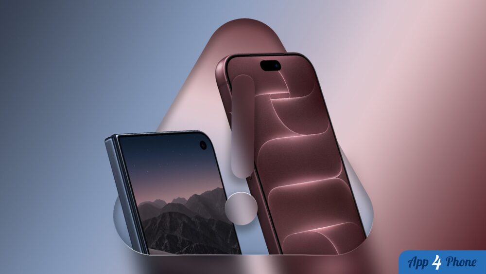 Rendu de deux smartphones, dont un modèle pliable aux écrans ouverts