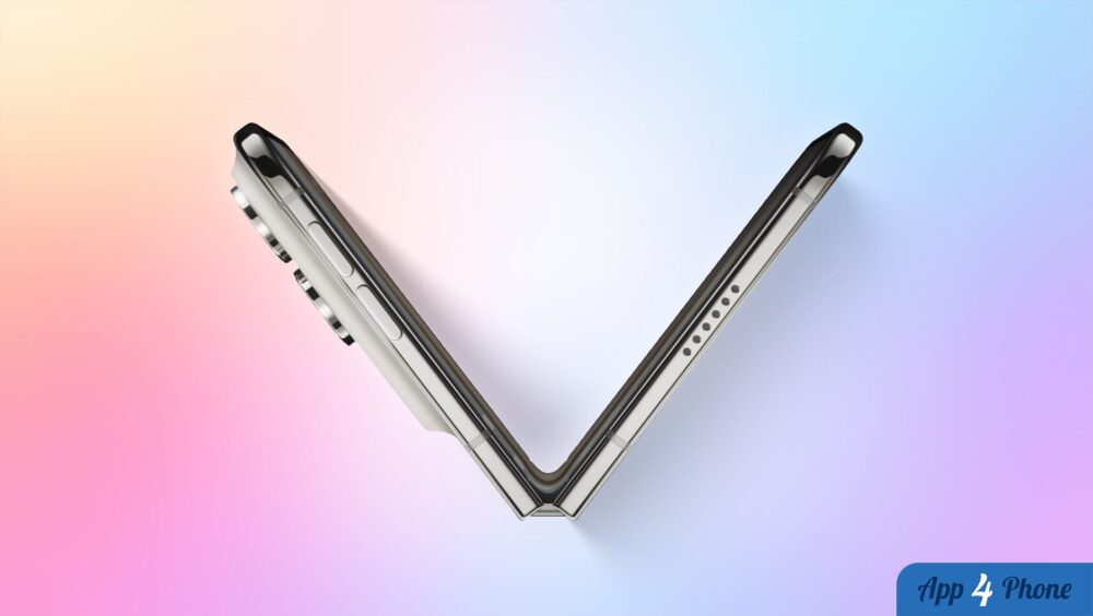 iPhone Duo ouvert en angle, montrant son mécanisme pliable