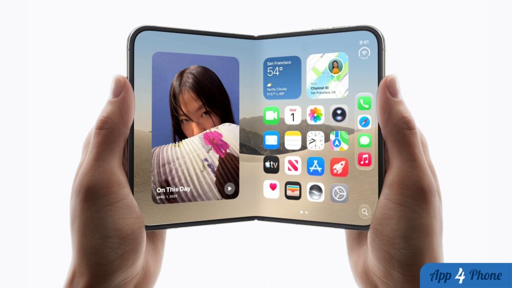 iPhone pliable ouvert affichant l’écran d’accueil d’iOS