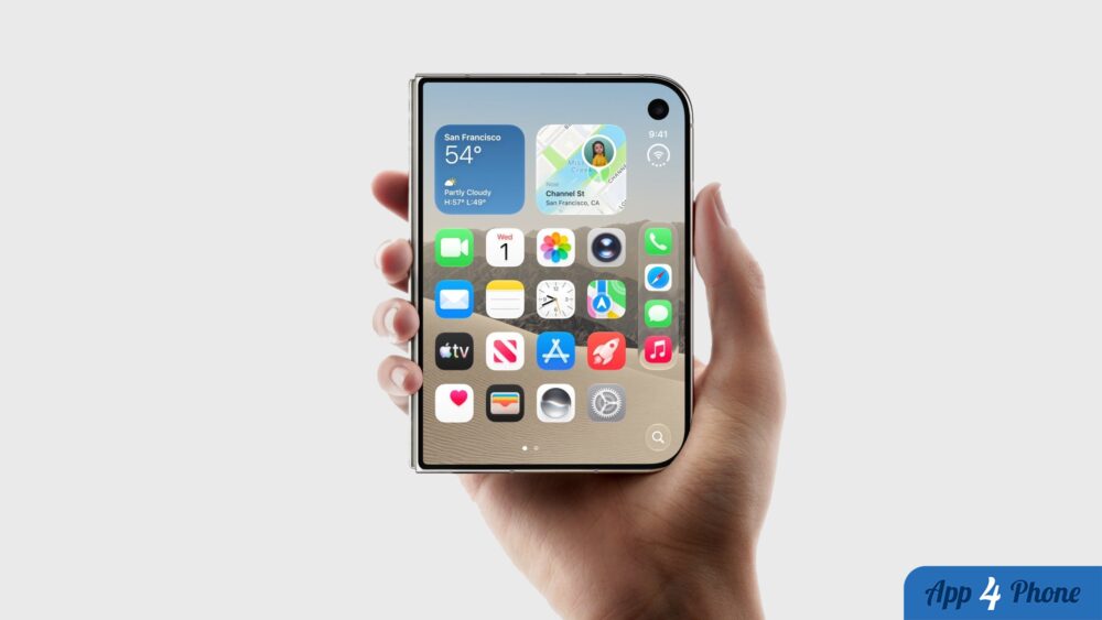 iPhone Duo plié tenu dans une main, écran allumé