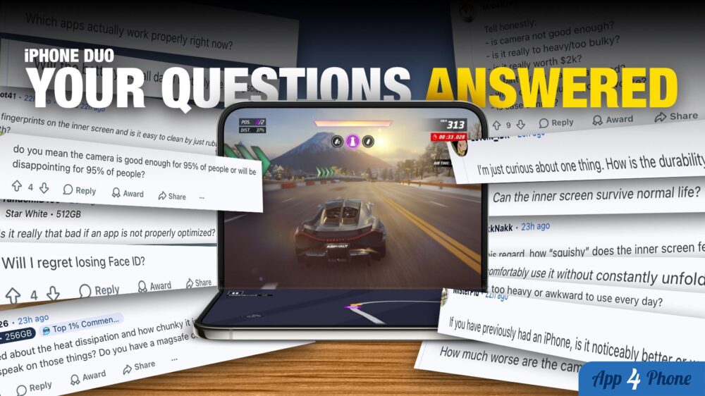 iPhone Duo plié affichant un jeu vidéo entouré de questions d’utilisateurs