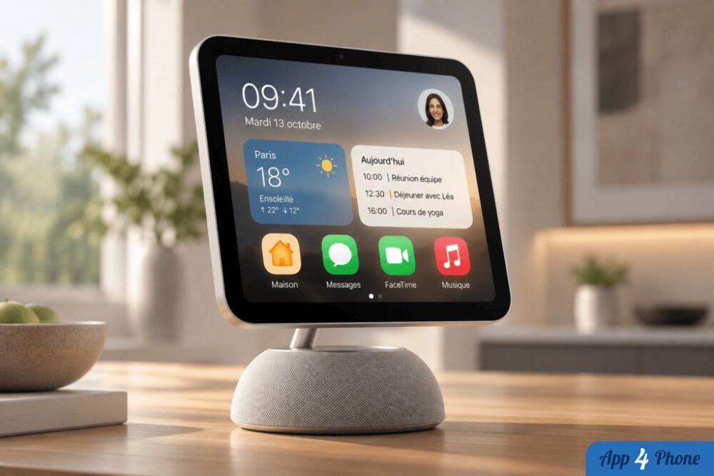 Rendu d’un écran Home Hub Apple posé sur un haut-parleur
