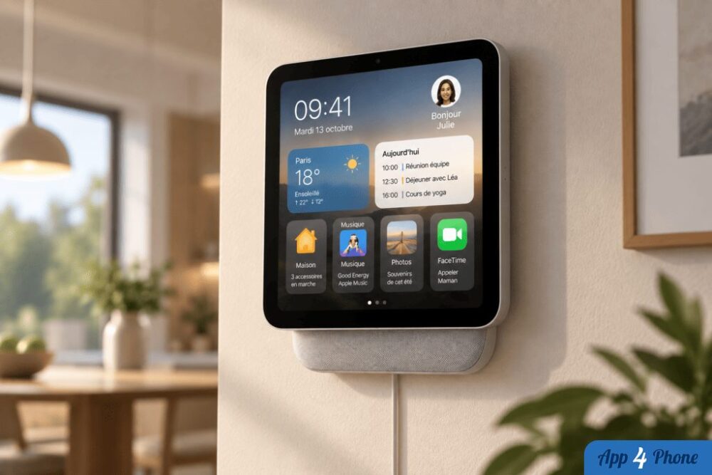 Rendu d’un écran Home Hub Apple fixé au mur