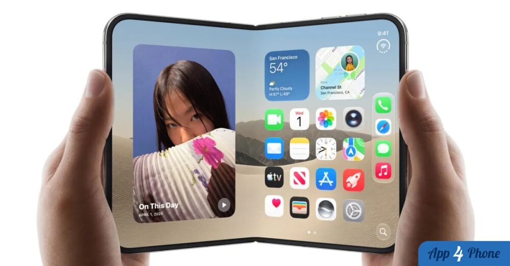 iPhone Duo pliable affichant son écran d’accueil à deux volets