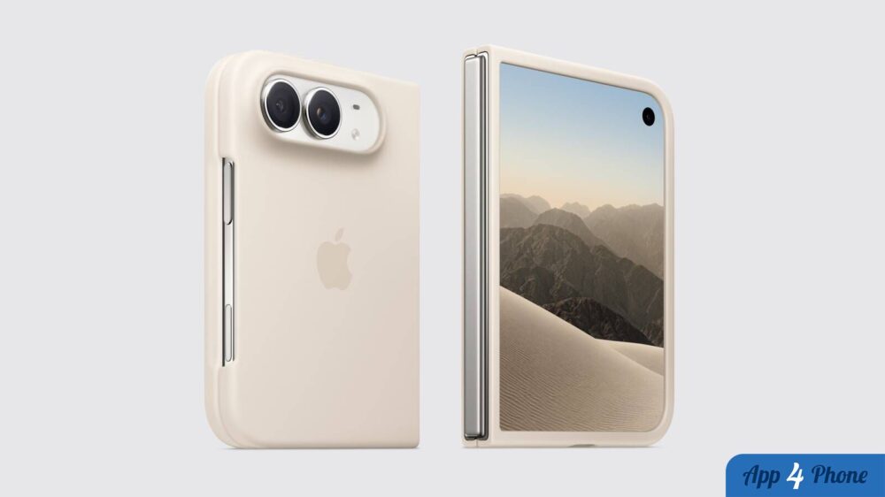 Étui Apple Duo beige installé sur un iPhone pliable ouvert
