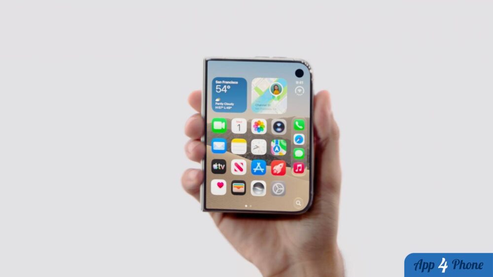iPhone Duo tenu en main, affichant son écran d’accueil