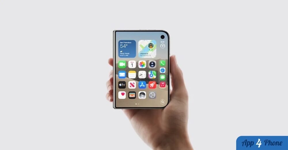 iPhone Duo pliable tenu en main, écran d’accueil visible