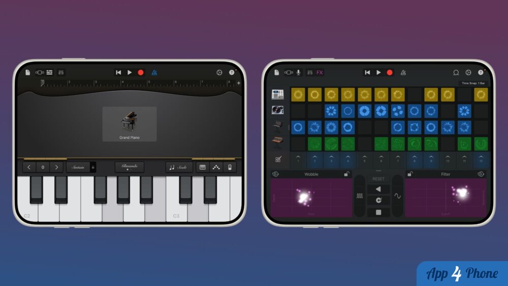 GarageBand affiché sur deux écrans larges de l’iPhone Duo
