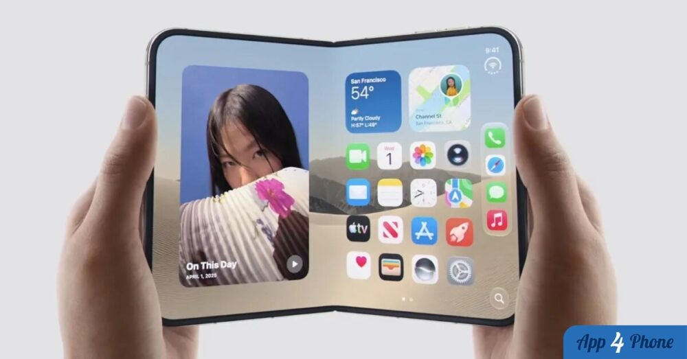 iPhone Duo pliable affichant l’écran d’accueil, tenu à deux mains