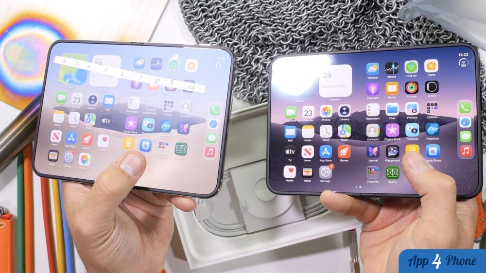 Deux iPhone Duo ouverts, écrans internes affichés côte à côte