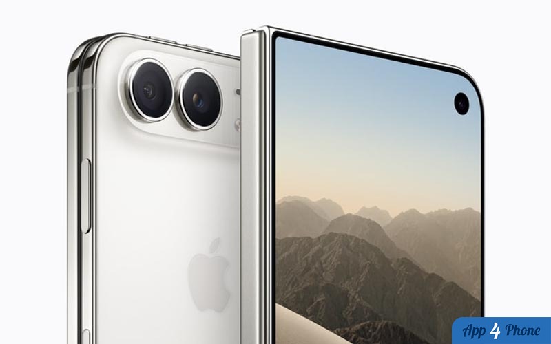 Rendu d’un iPhone pliant Apple ouvert, montrant ses caméras et son écran