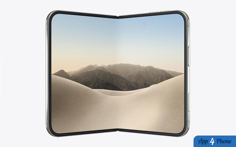 Rendu d’un iPhone Duo pliable affichant un paysage désertique