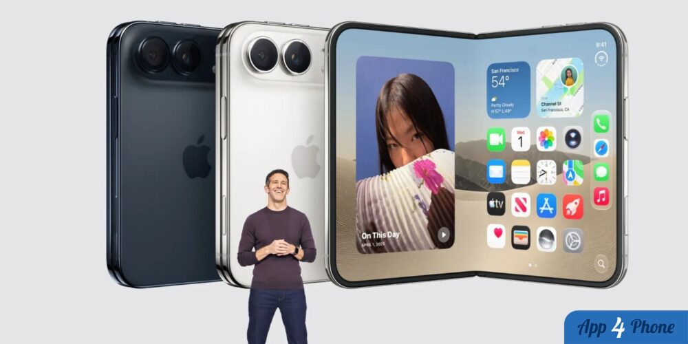 Rendu d’un iPhone pliable Duo affichant son écran intérieur