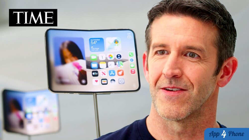 John Ternus présente un iPhone pliable affichant son écran d’accueil