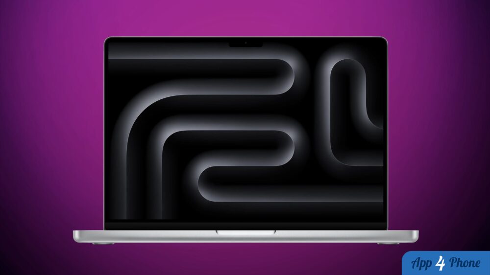 Rendu d’un MacBook affichant un écran abstrait sombre