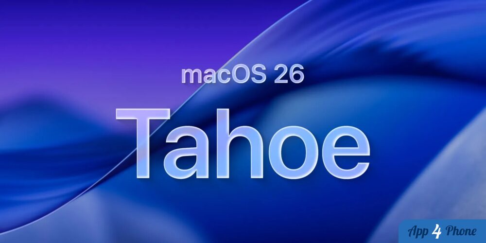 Visuel promotionnel de macOS Tahoe 26 sur fond bleu