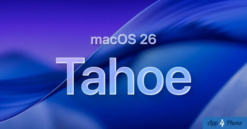 Illustration de macOS Tahoe 26 sur fond bleu abstrait
