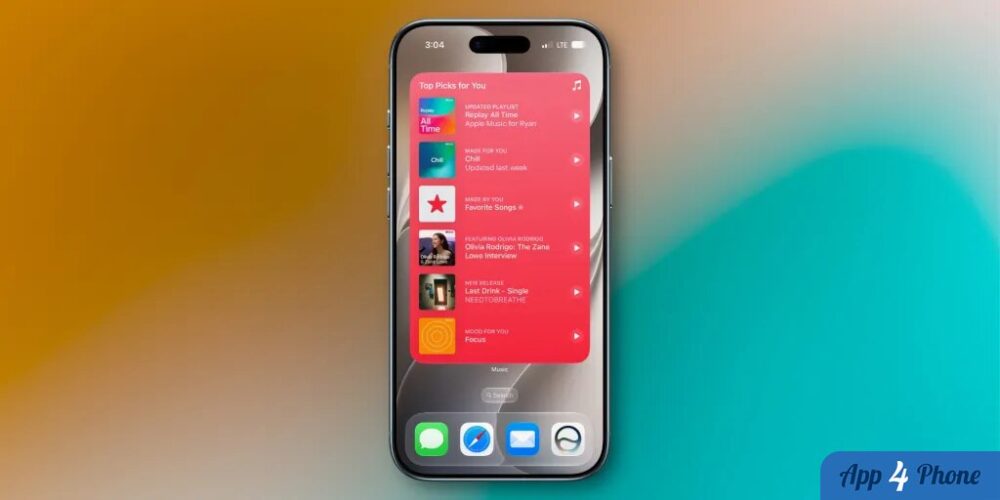 iPhone affichant un widget musical avec des recommandations personnalisées